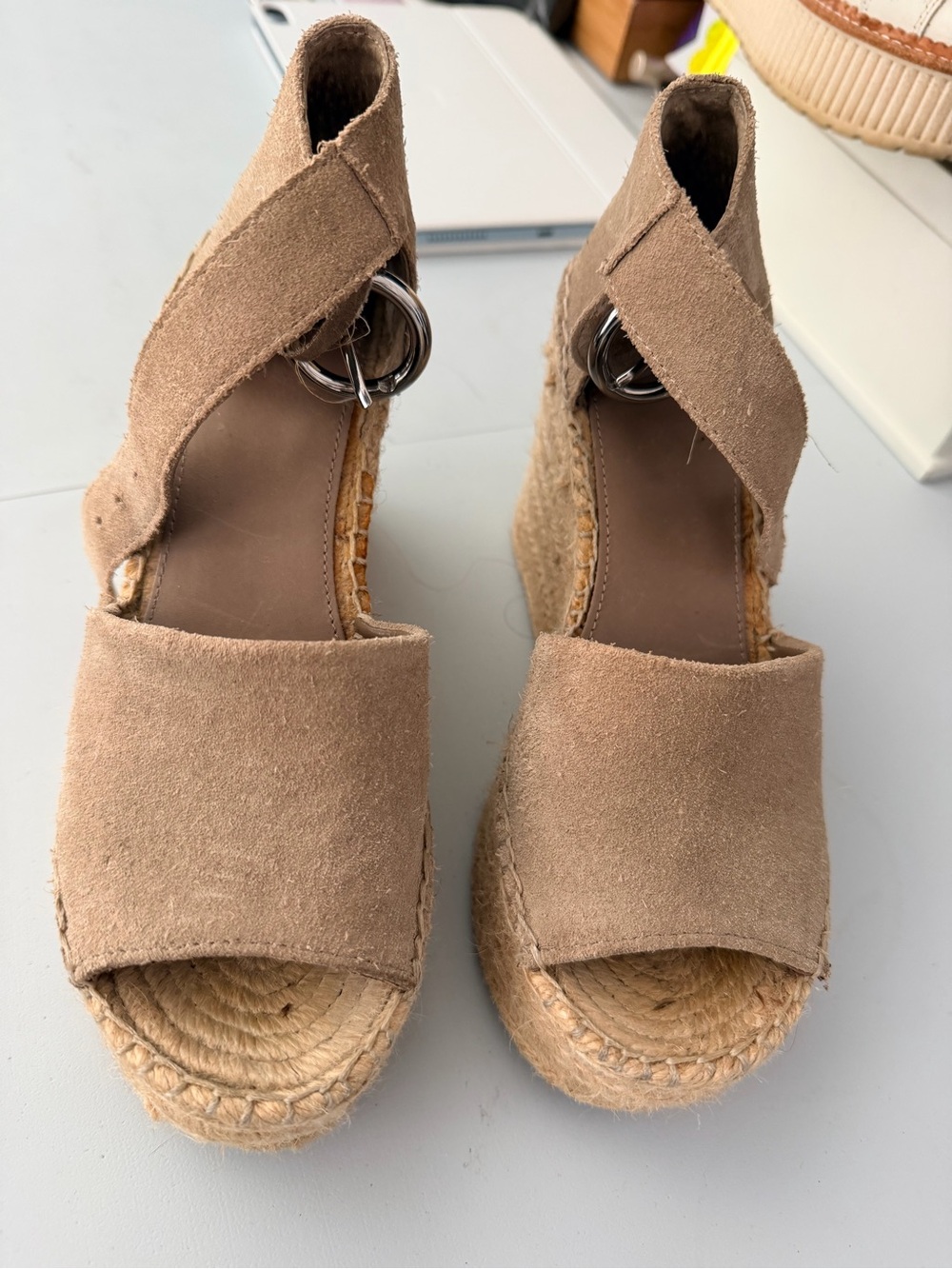 Marc Fisher Tan Suede Espadrille Wedge Sandals